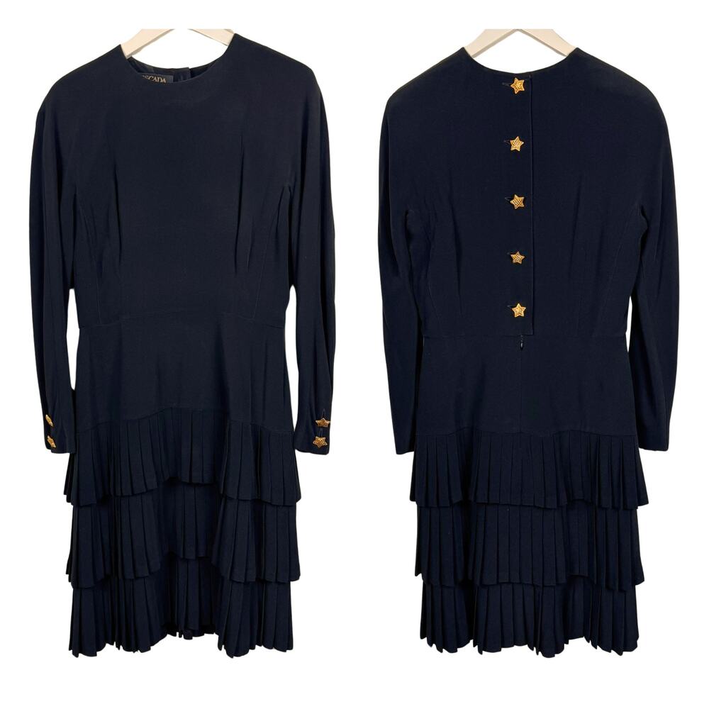 Escada Vintage Black Gold Star Buttons Dress 1980s Iconic Couture Size 40